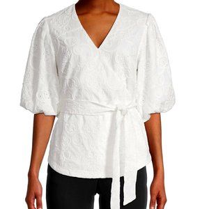 New Elie Tahari Cotton Eyelet Wrap-Front Top Blouse